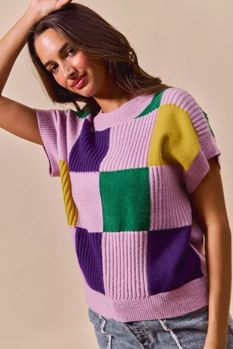 SO ME Mardi Gras Check Plaid Casual Sweater Top - Image 8