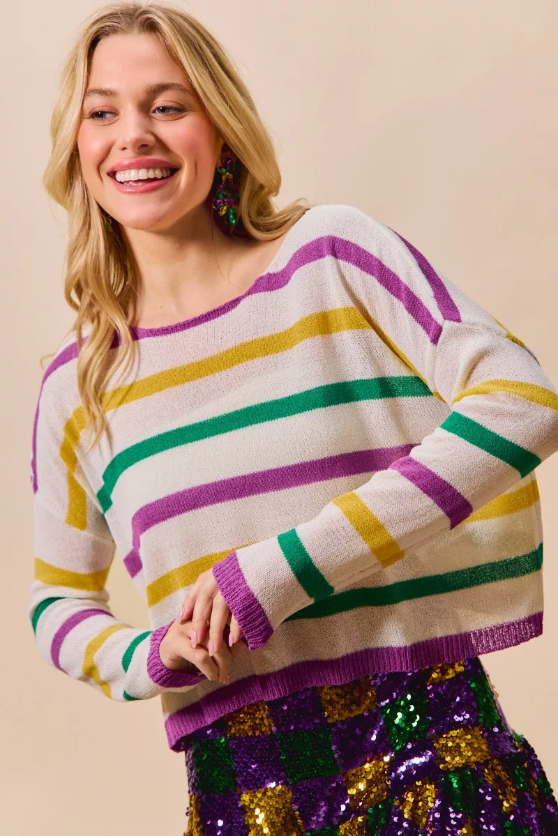 SO ME Mardi Gras Color Stripe Lightweight Sweater Top - Image 10