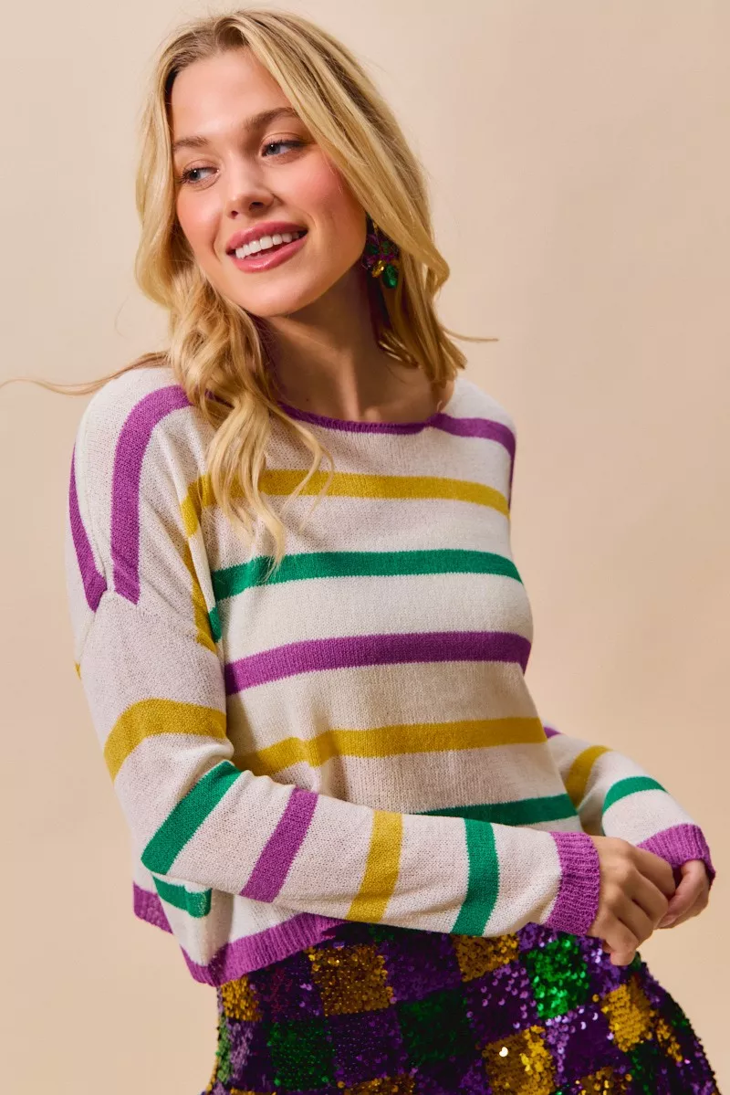 SO ME Mardi Gras Color Stripe Lightweight Sweater Top - Image 13