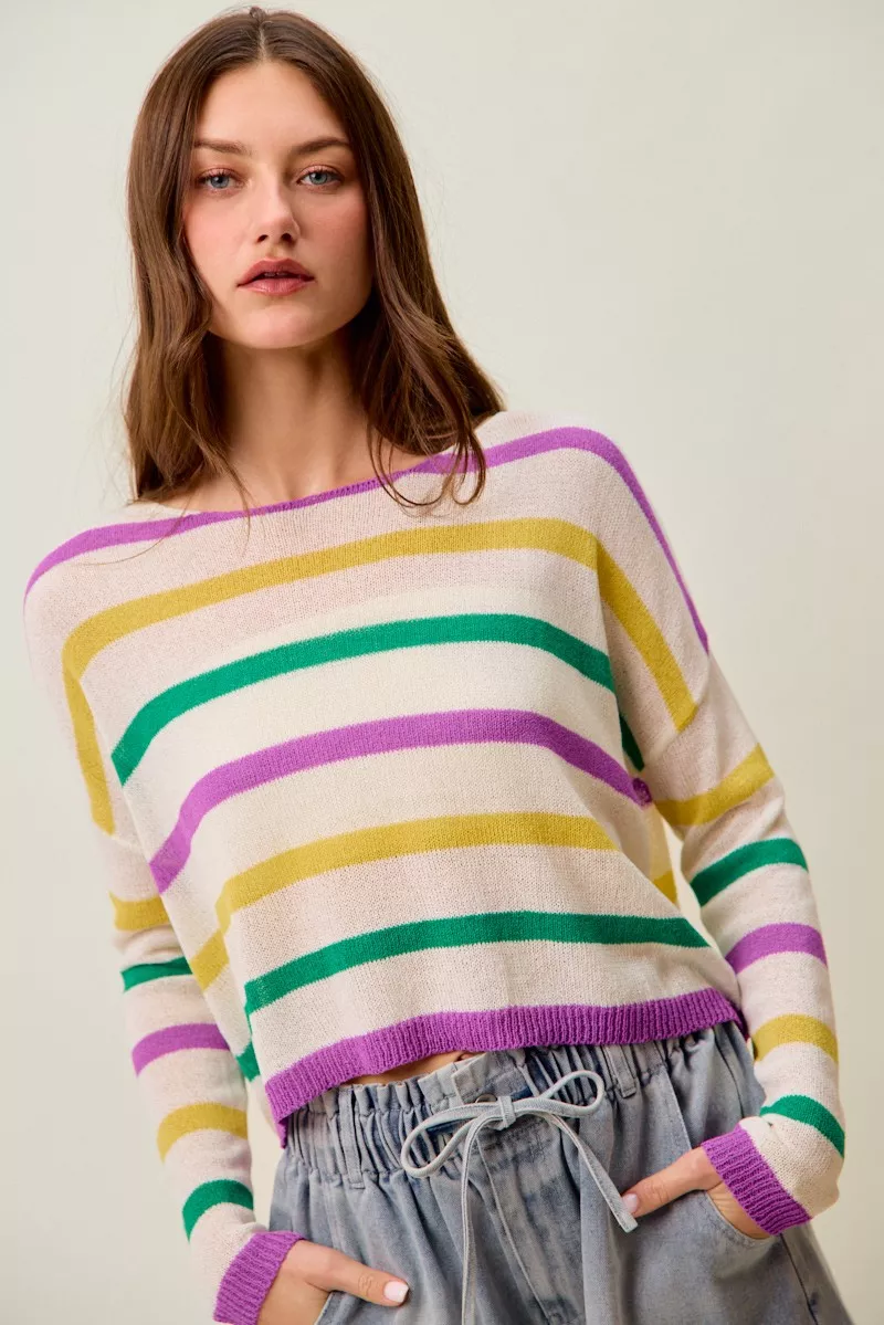 SO ME Mardi Gras Color Stripe Lightweight Sweater Top - Image 19