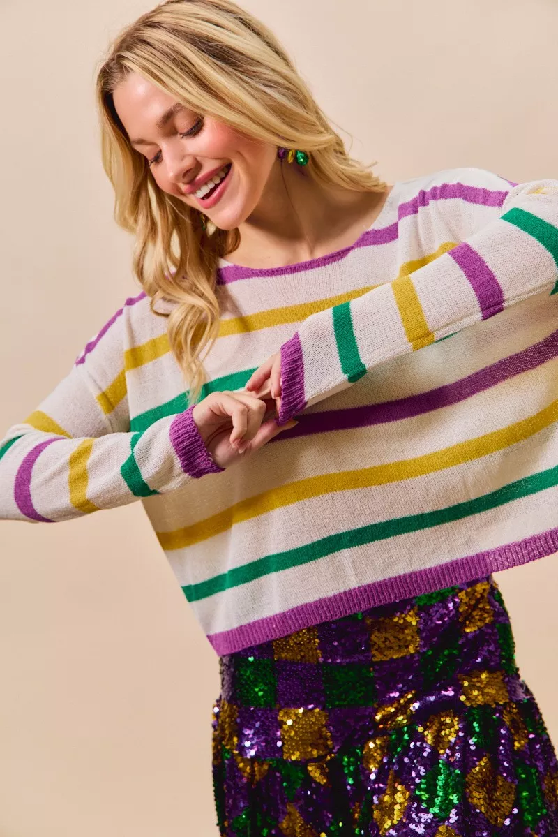 SO ME Mardi Gras Color Stripe Lightweight Sweater Top - Image 2