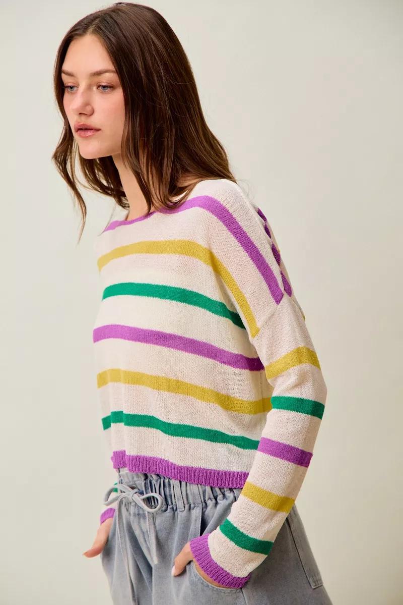 SO ME Mardi Gras Color Stripe Lightweight Sweater Top - Image 20