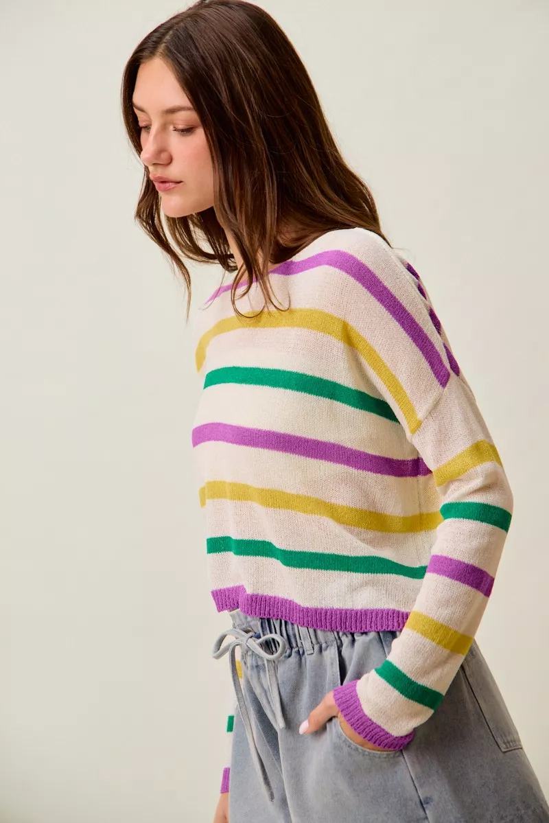 SO ME Mardi Gras Color Stripe Lightweight Sweater Top - Image 21