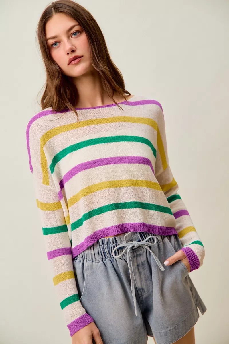 SO ME Mardi Gras Color Stripe Lightweight Sweater Top - Image 22