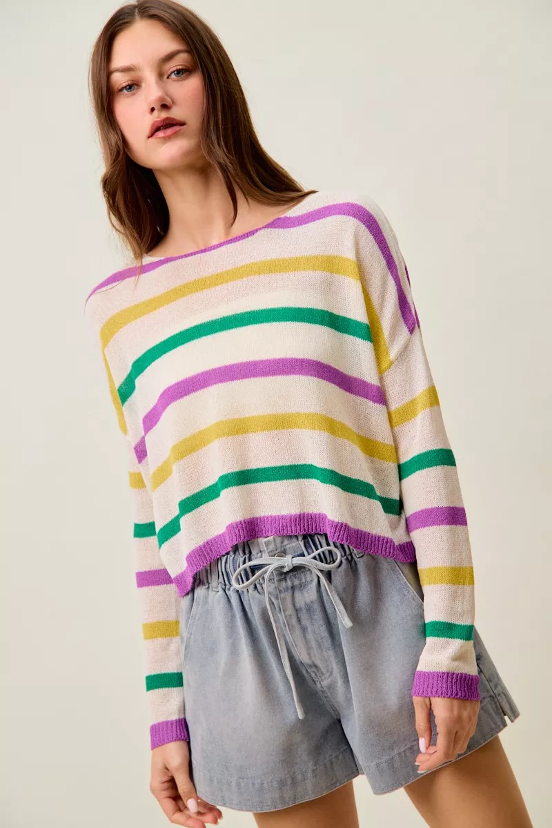 SO ME Mardi Gras Color Stripe Lightweight Sweater Top - Image 23