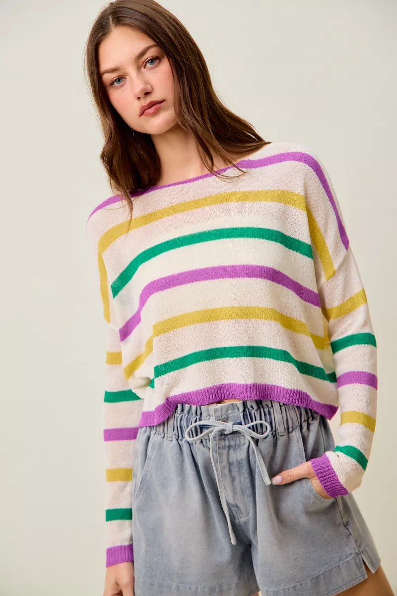 SO ME Mardi Gras Color Stripe Lightweight Sweater Top - Image 3