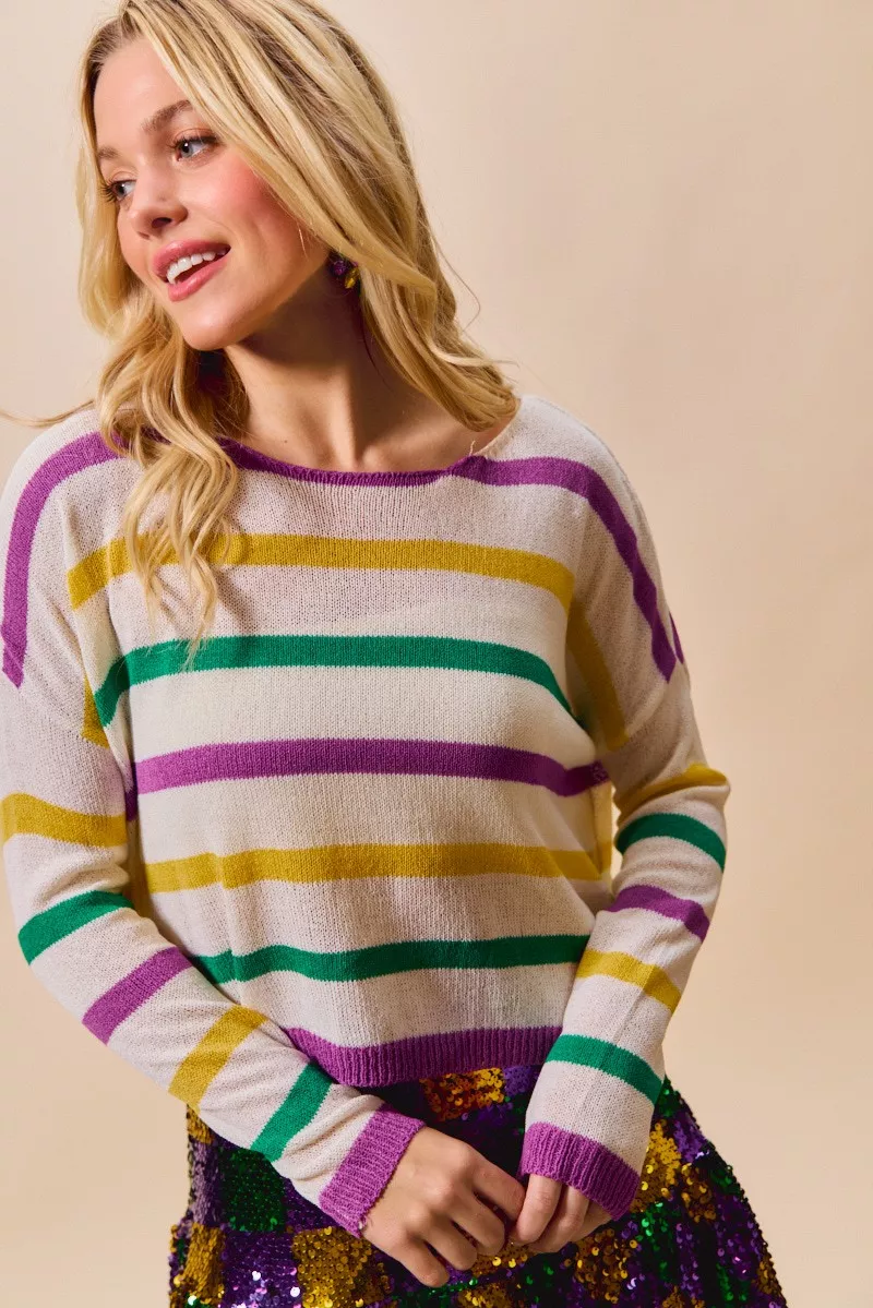 SO ME Mardi Gras Color Stripe Lightweight Sweater Top - Image 4