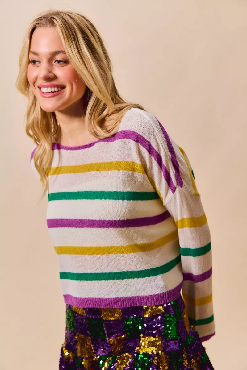 SO ME Mardi Gras Color Stripe Lightweight Sweater Top - Image 6