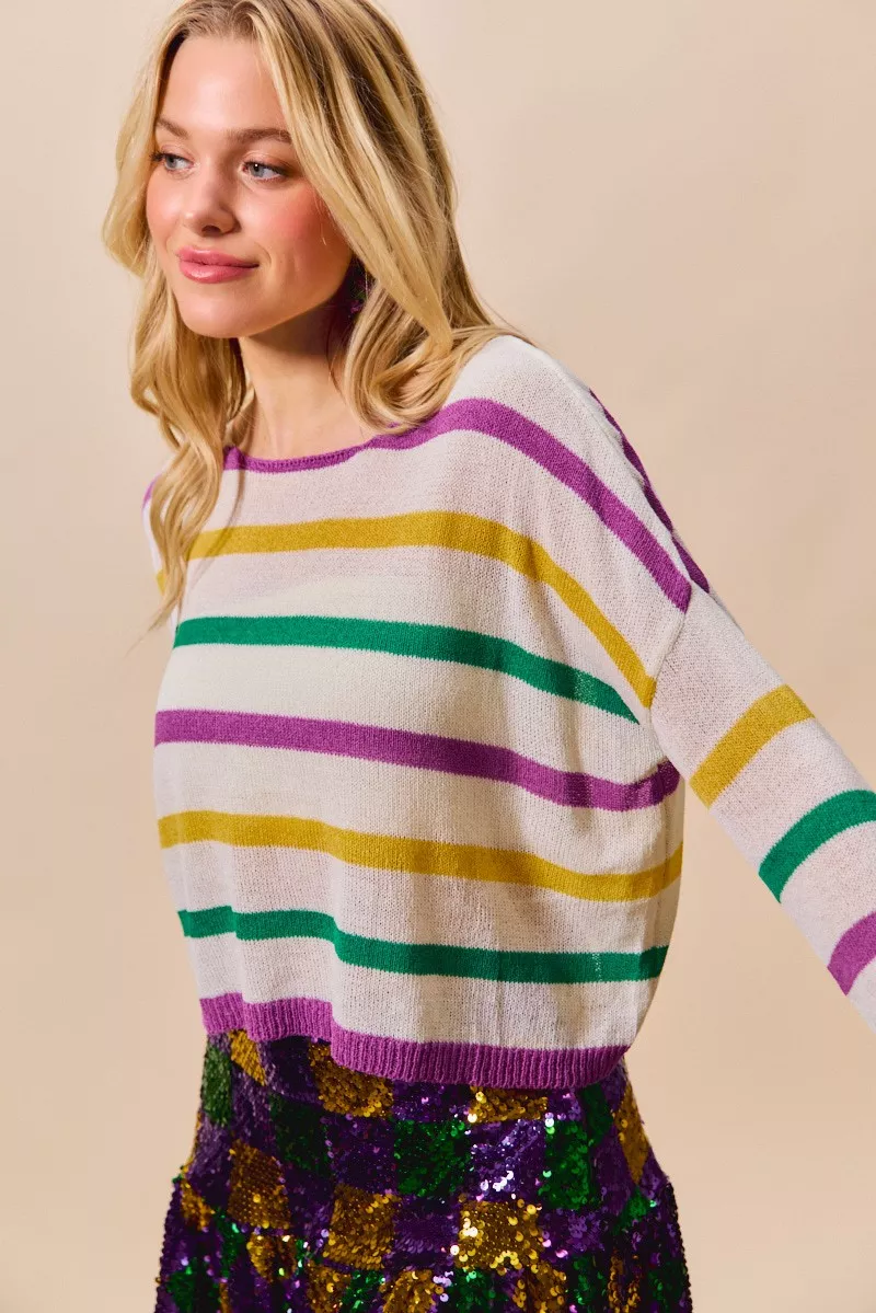SO ME Mardi Gras Color Stripe Lightweight Sweater Top - Image 7