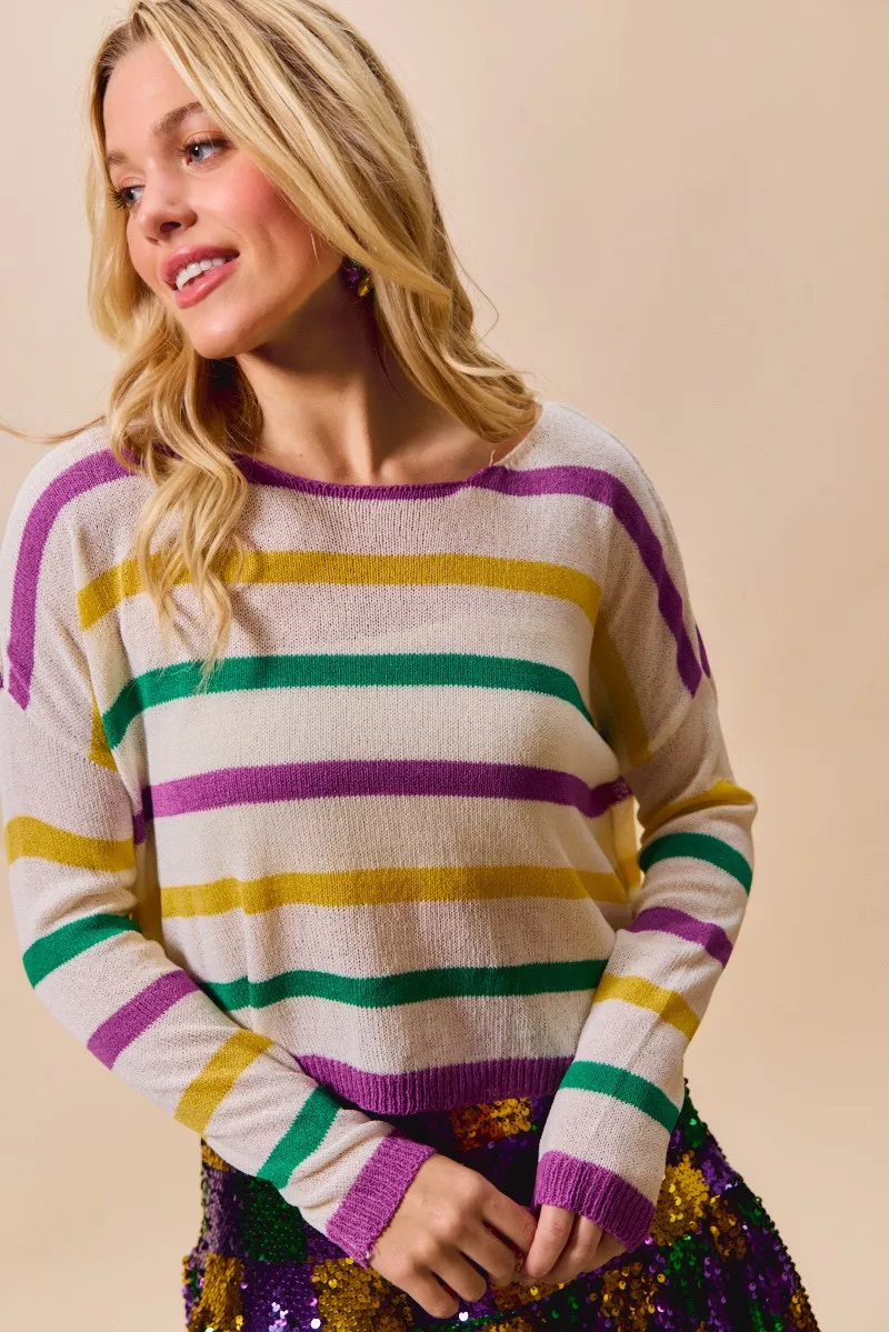SO ME Mardi Gras Color Stripe Lightweight Sweater Top - Image 8