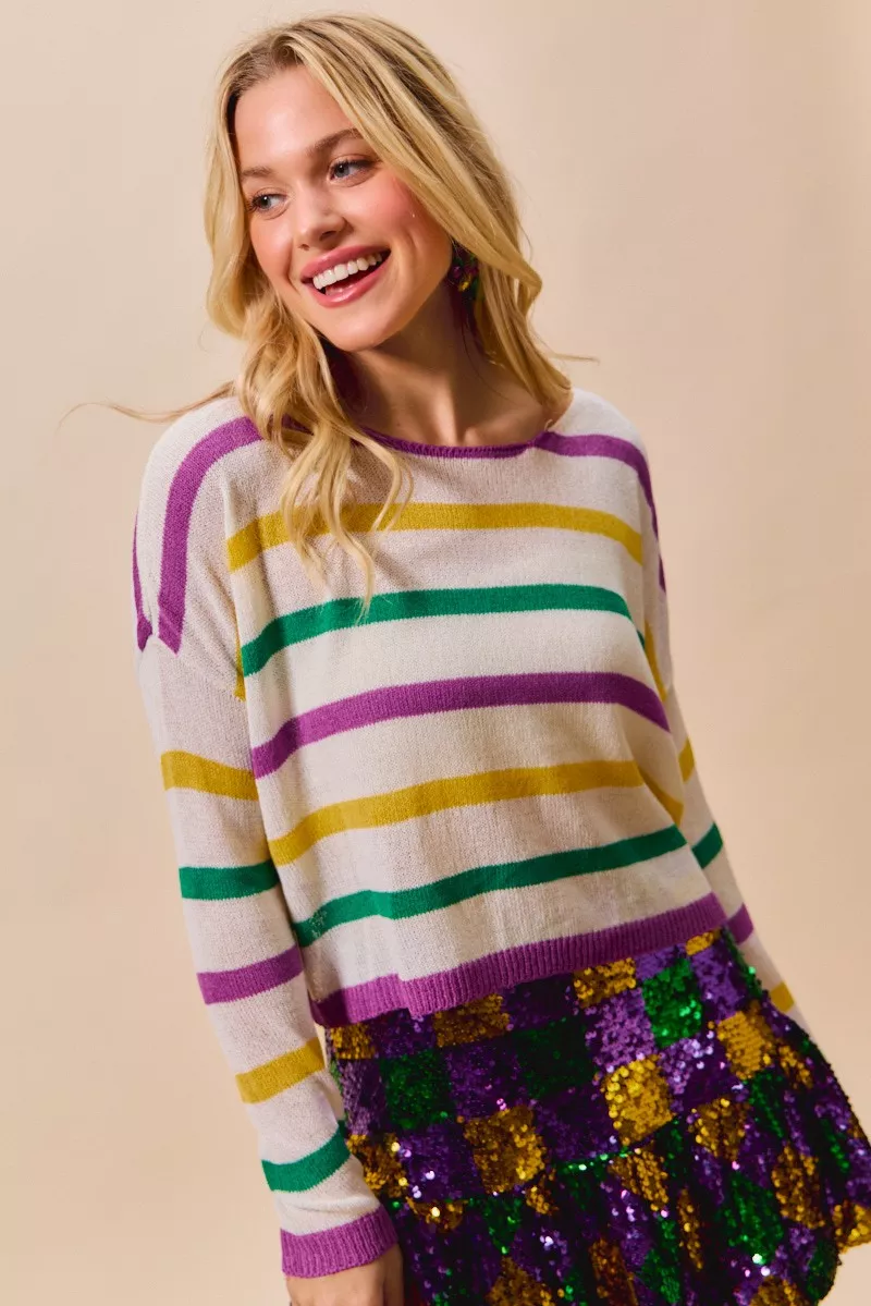 SO ME Mardi Gras Color Stripe Lightweight Sweater Top - Image 9