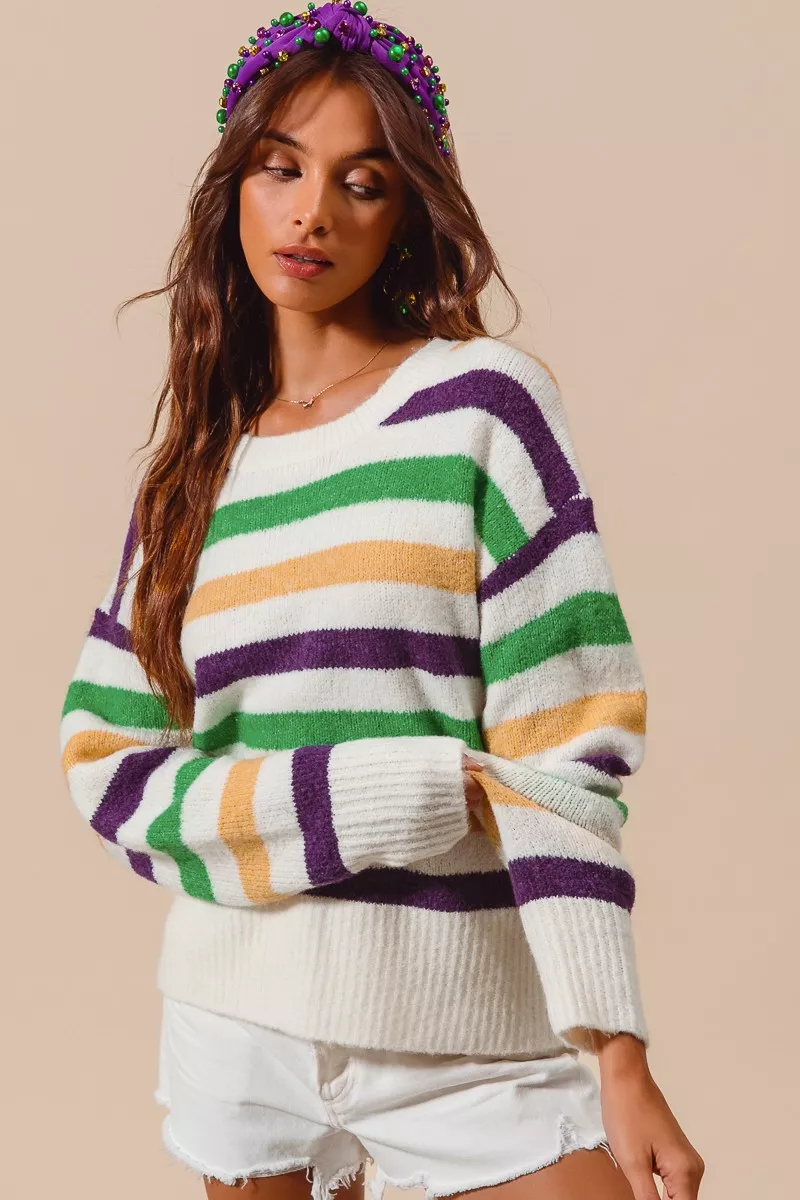 SO ME Mardi Gras Color Stripe Round Neck Sweater Top - Image 6