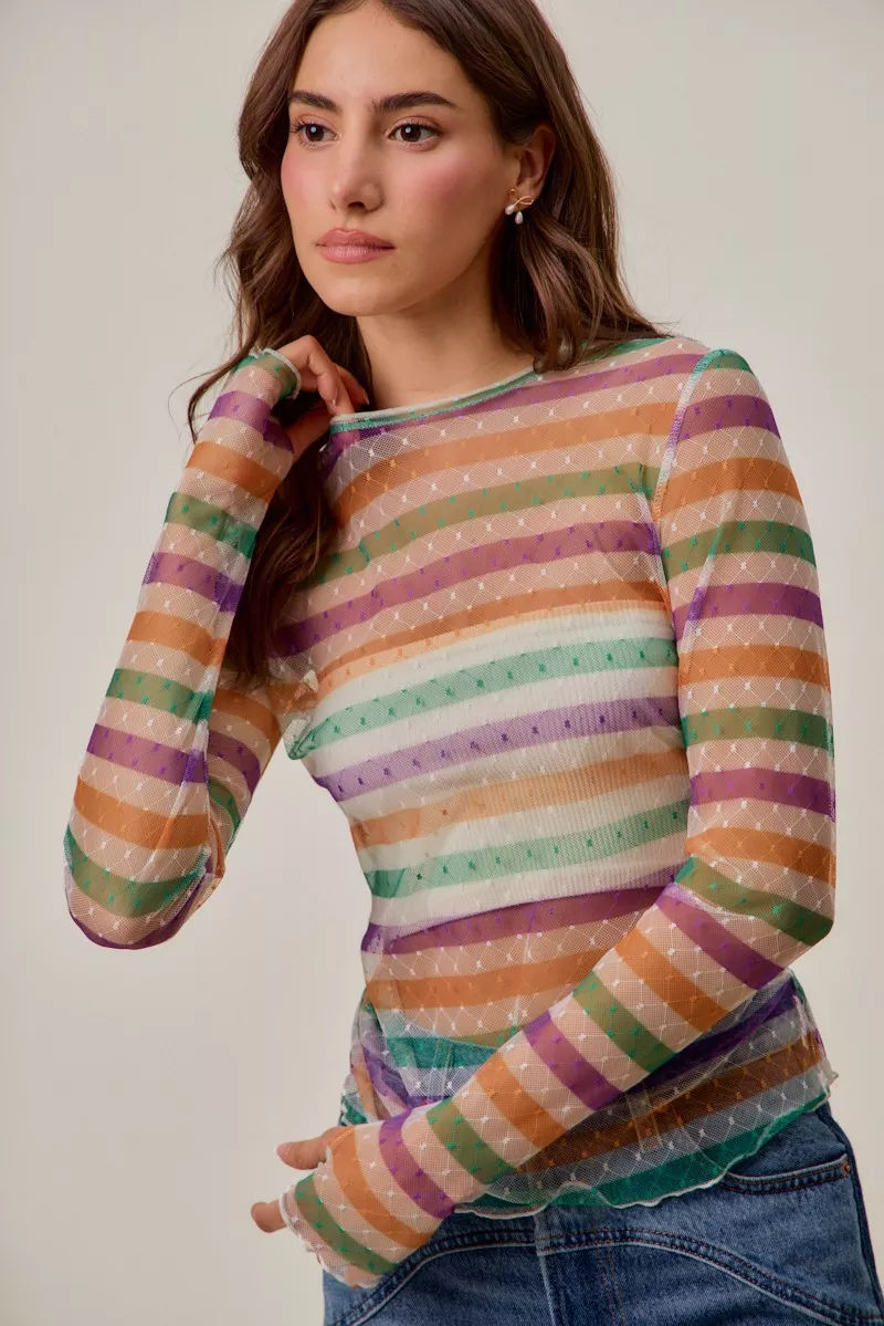 SO ME Mardi Gras Color Stripe Stretch Mesh Top - Image 18