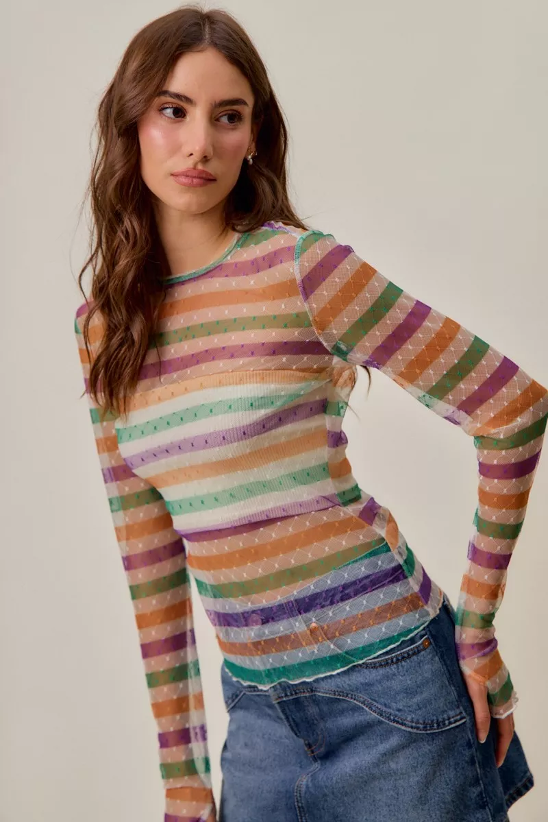 SO ME Mardi Gras Color Stripe Stretch Mesh Top - Image 23