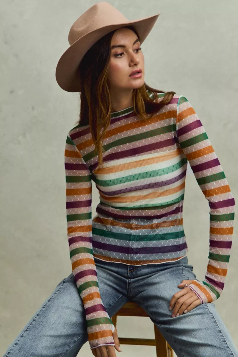 SO ME Mardi Gras Color Stripe Stretch Mesh Top - Image 5
