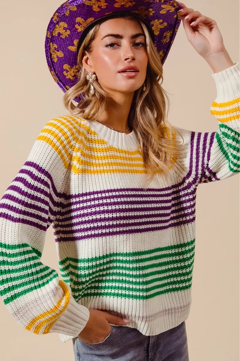 SO ME Mardi Gras Color Striped Raglan Sweater Top - Image 7