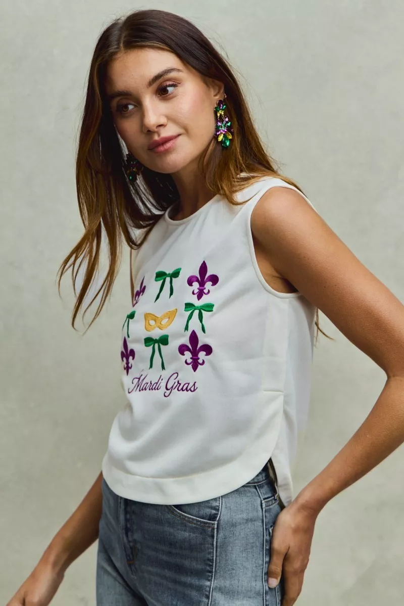 SO ME Mardi Gras Fleur De Lis And Ribbon Embroidered Top - Image 5