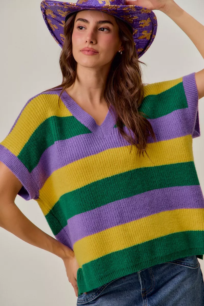 SO ME Mardi Gras Loose Fit V Neck Stripe Sweater Top - Image 7