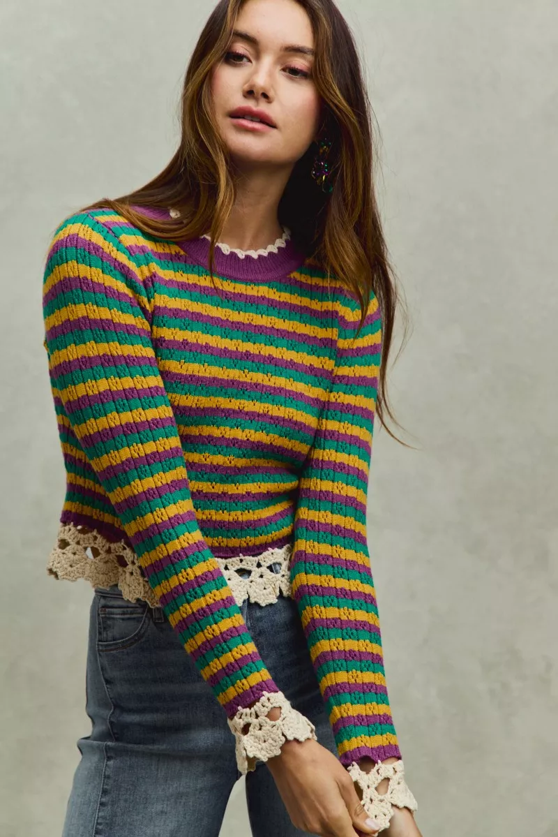 SO ME Mardi Gras Striped Cropped Knit Top with Crochet Edge - Image 3