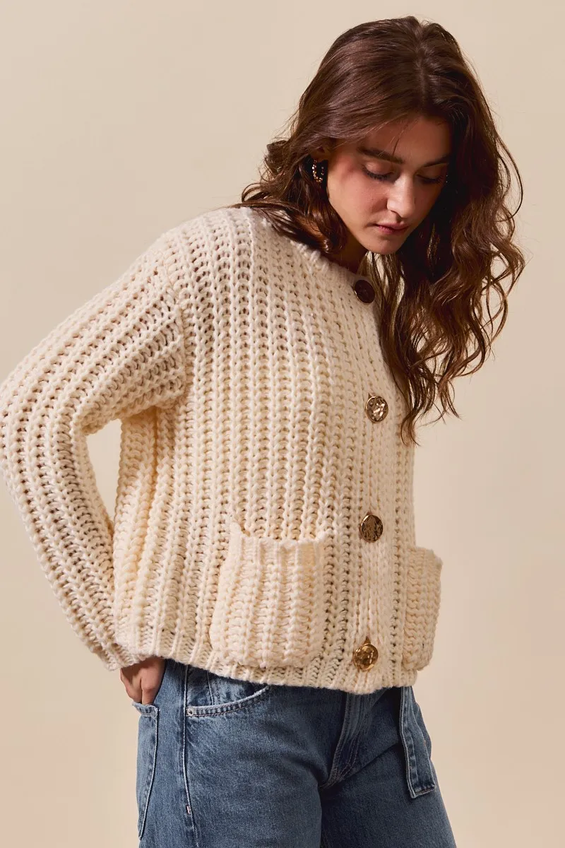 SO ME Metal Button Long Sleeve Chunky Sweater Cardigan - Image 5