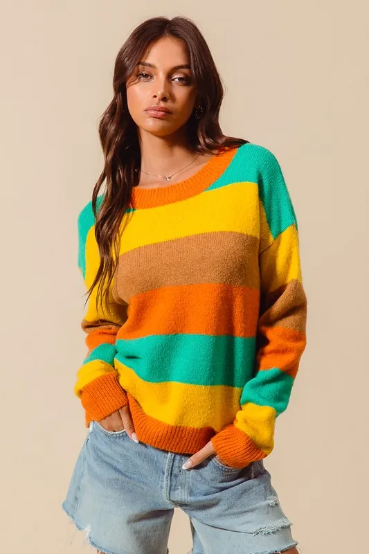 SO ME Multi Color Stripe Sweater with Ribbed Detail - Image 10