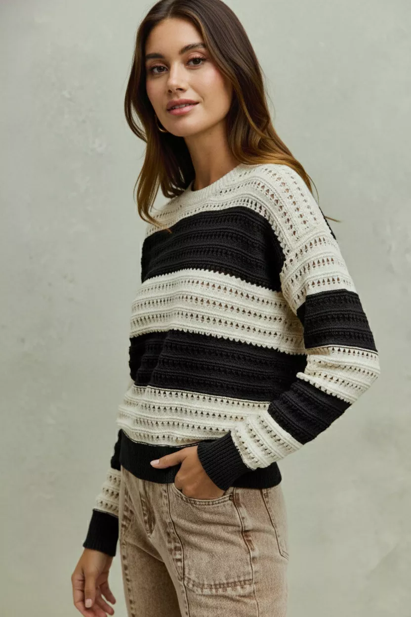 SO ME Openwork Round Neck Wide Stripe Textured Sweater - Image 3