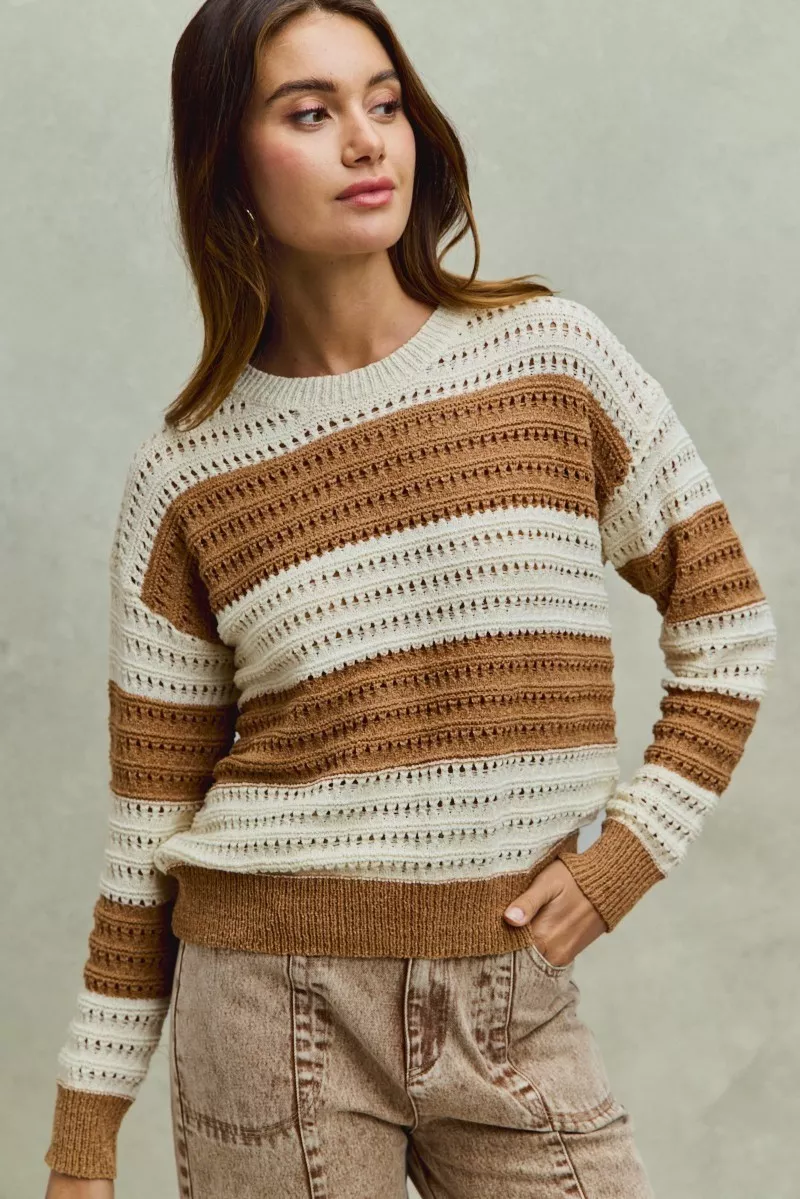 SO ME Openwork Round Neck Wide Stripe Textured Sweater - Image 2