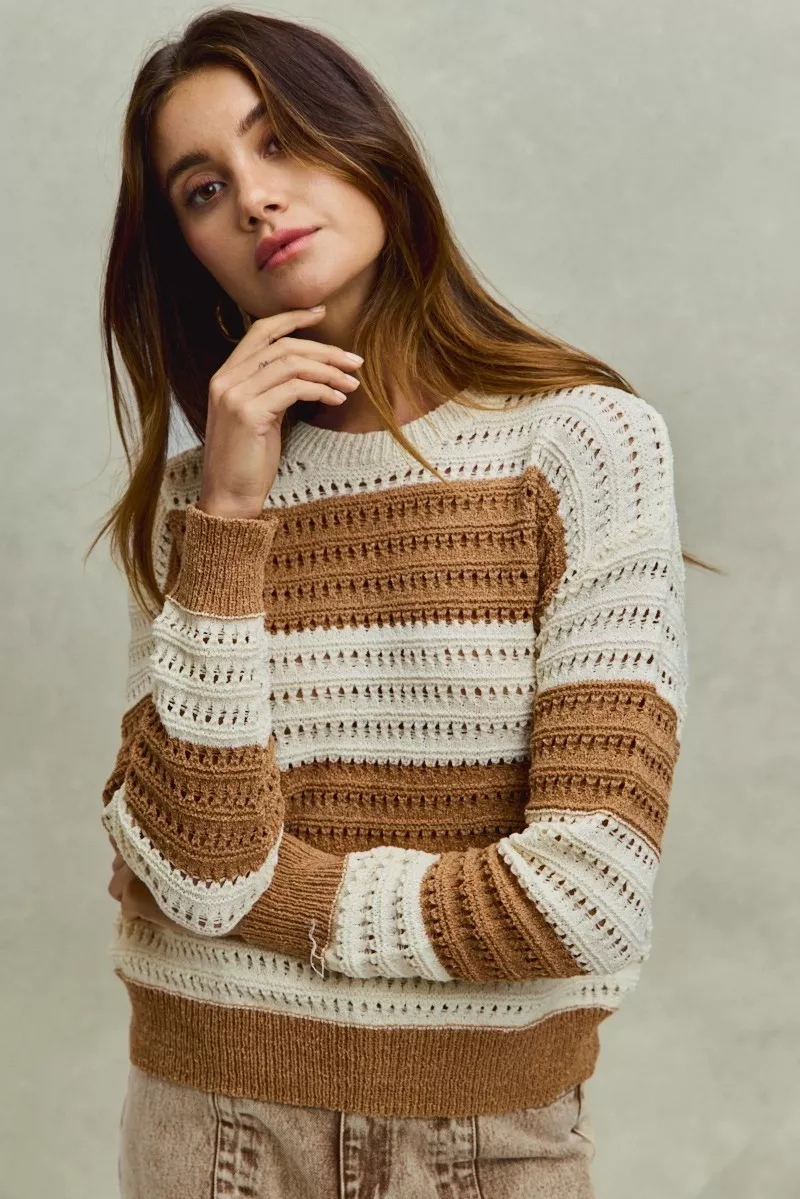 SO ME Openwork Round Neck Wide Stripe Textured Sweater - Image 7