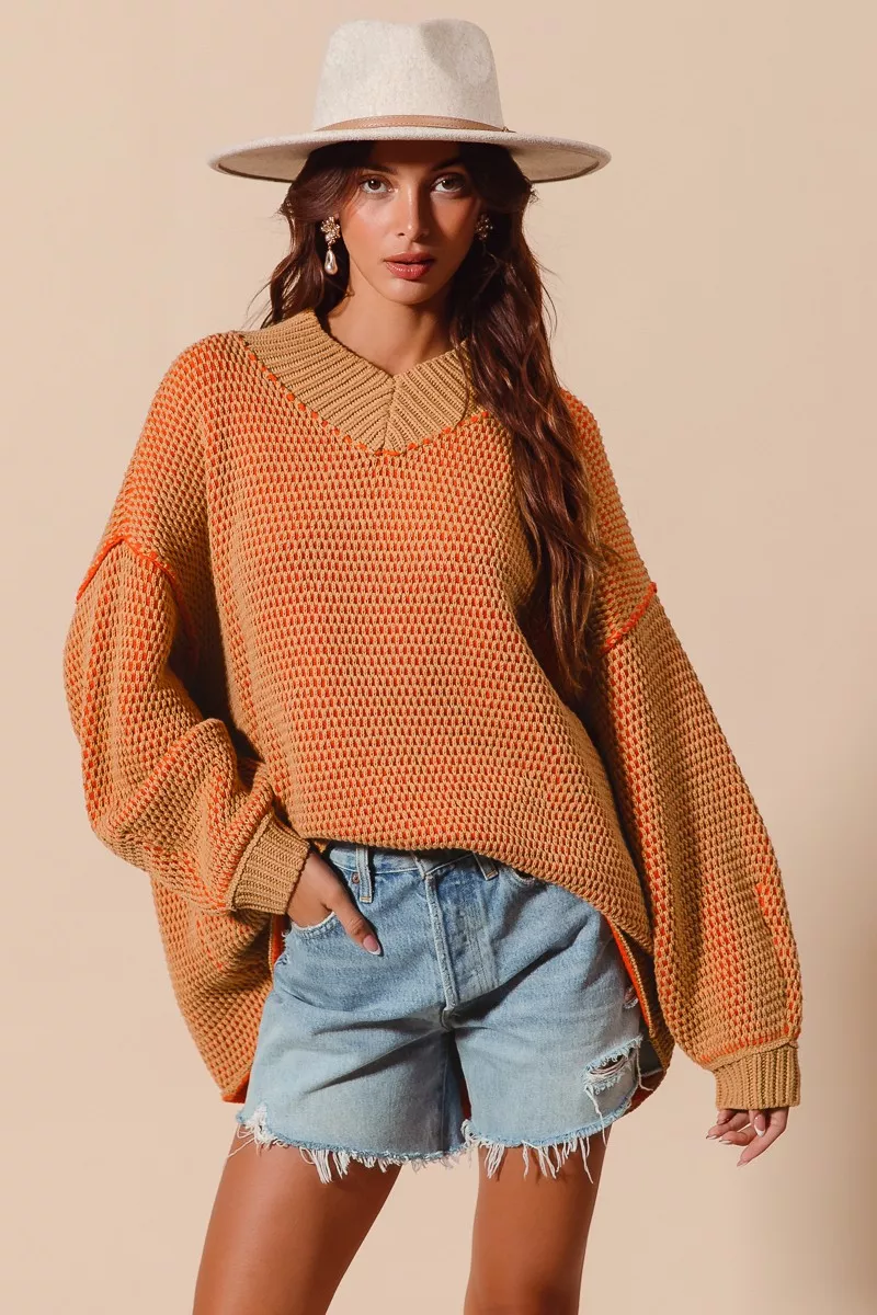 SO ME Oversized Two Tone Textured V Neck Sweater - Image 7