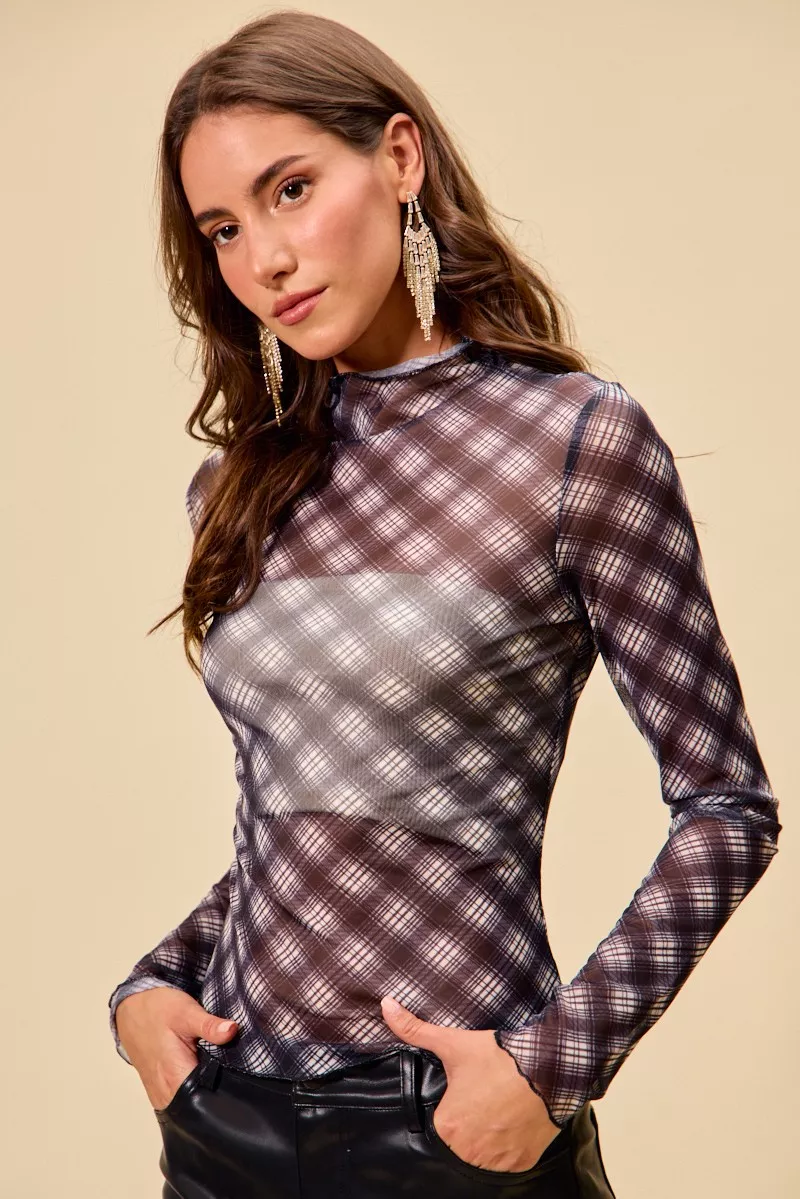SO ME Plaid Mesh Knit Long Sleeve Top with Thumb Opening - Image 12