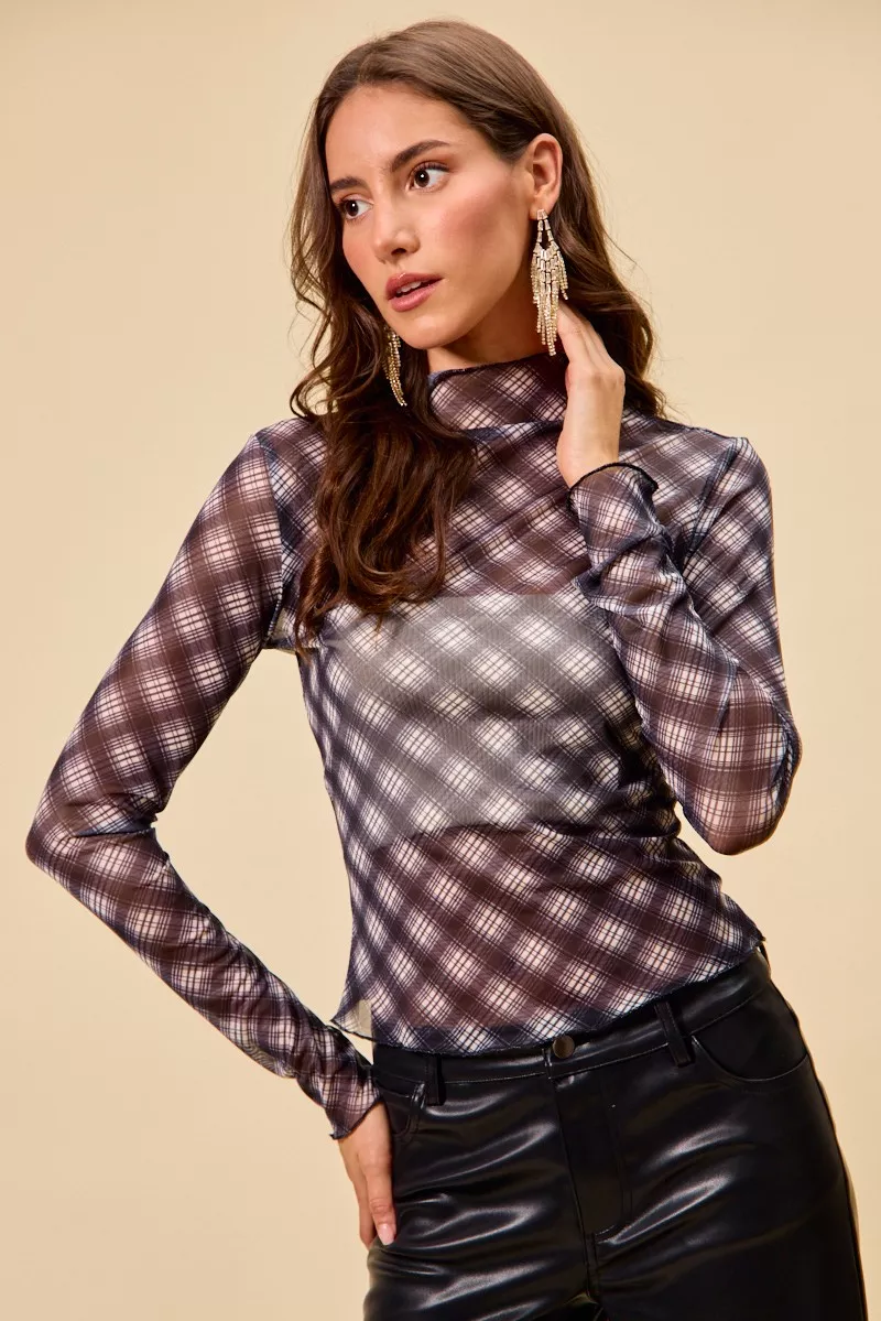 SO ME Plaid Mesh Knit Long Sleeve Top with Thumb Opening - Image 16