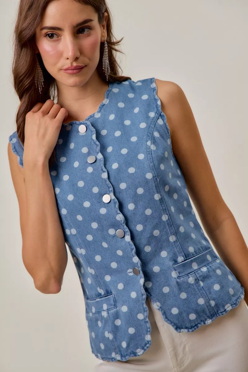 SO ME Polka Dot Denim Scallop Edge Button Down Vest Top - Image 2