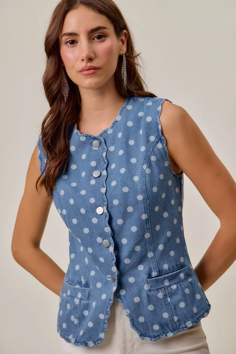 SO ME Polka Dot Denim Scallop Edge Button Down Vest Top - Image 3
