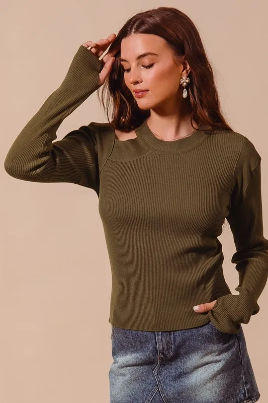 SO ME Rib Knit Top with Shoulder Cut Out - Image 2