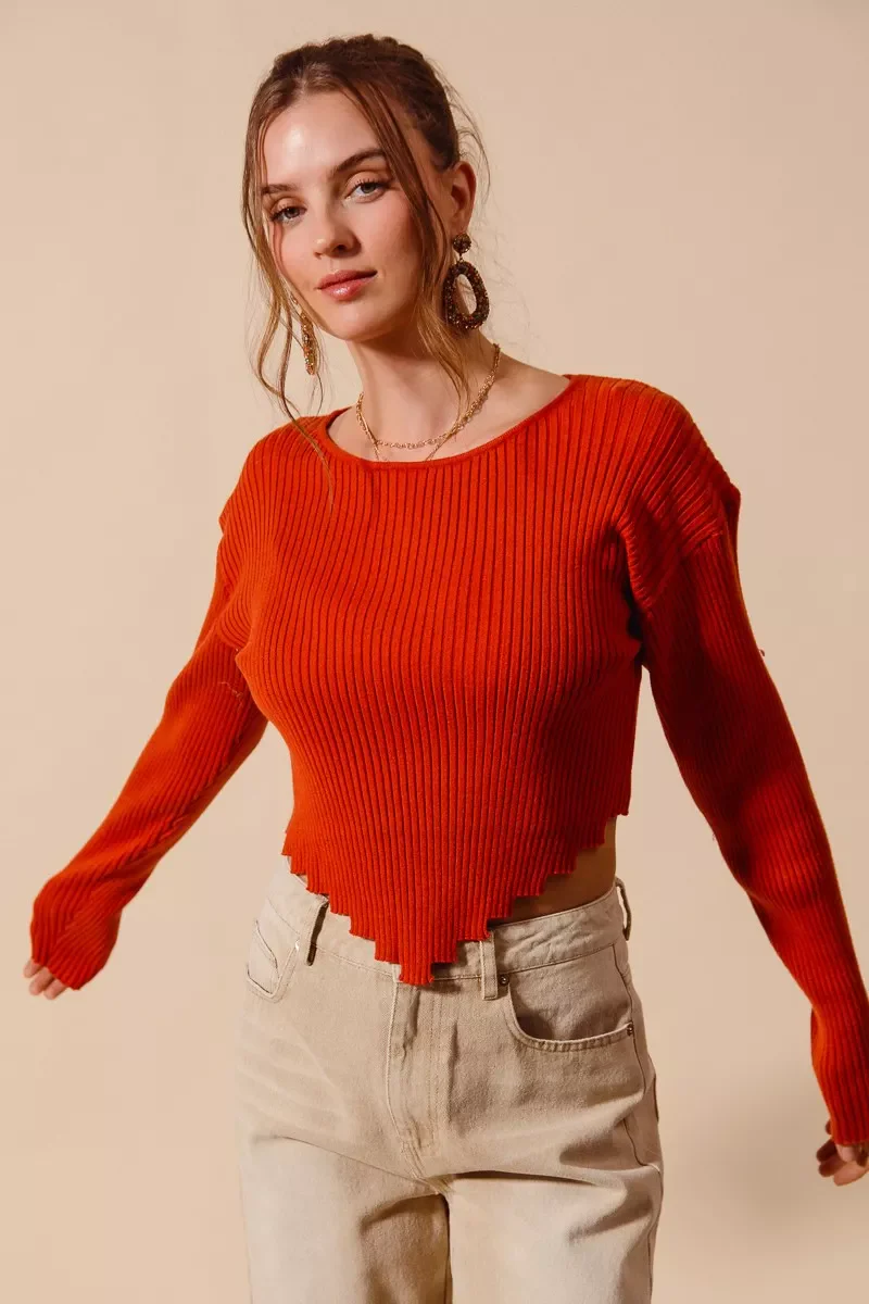 SO ME Rib Knitted Crop Sweater Top With Shaped Hem - Image 3