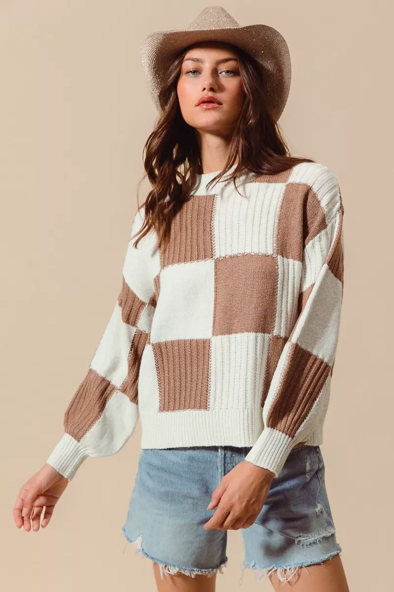 SO ME Ribbed Color Block Checkered Plaid Sweater - Image 8