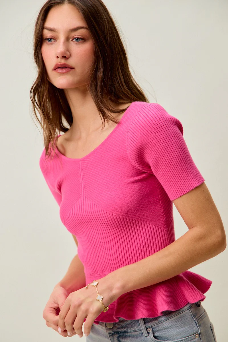 SO ME Ribbed Knit Short Sleeves Peplum Sweater Top - Image 15