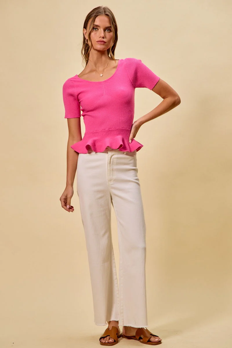 SO ME Ribbed Knit Short Sleeves Peplum Sweater Top - Image 5