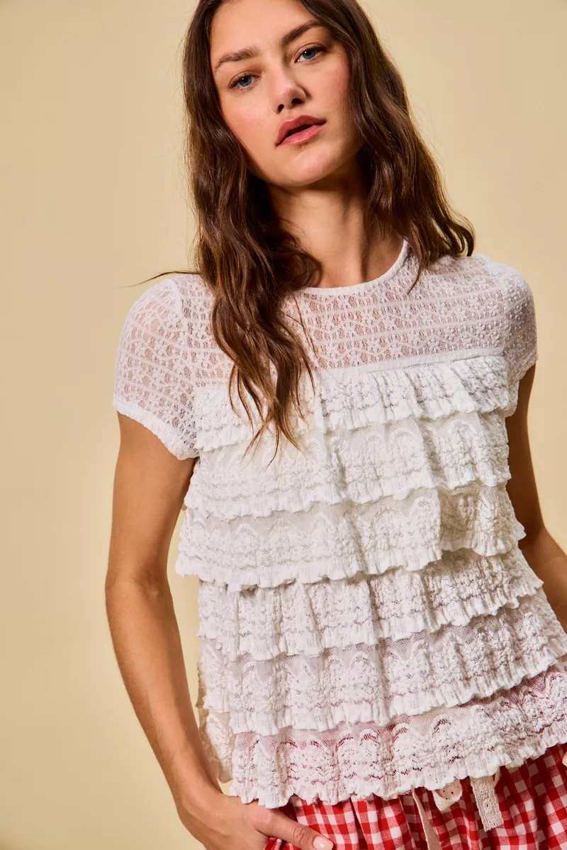 SO ME Ruffle Tiered Stretch Lace Short Sleeves Knit Top - Image 4