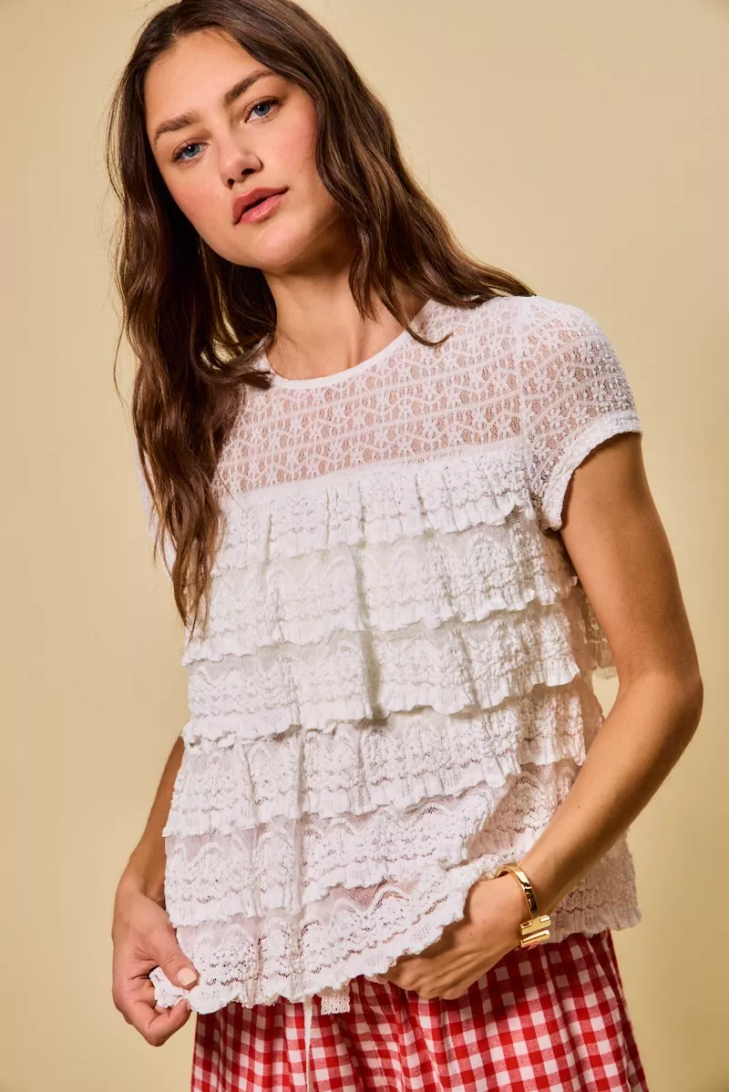 SO ME Ruffle Tiered Stretch Lace Short Sleeves Knit Top - Image 7