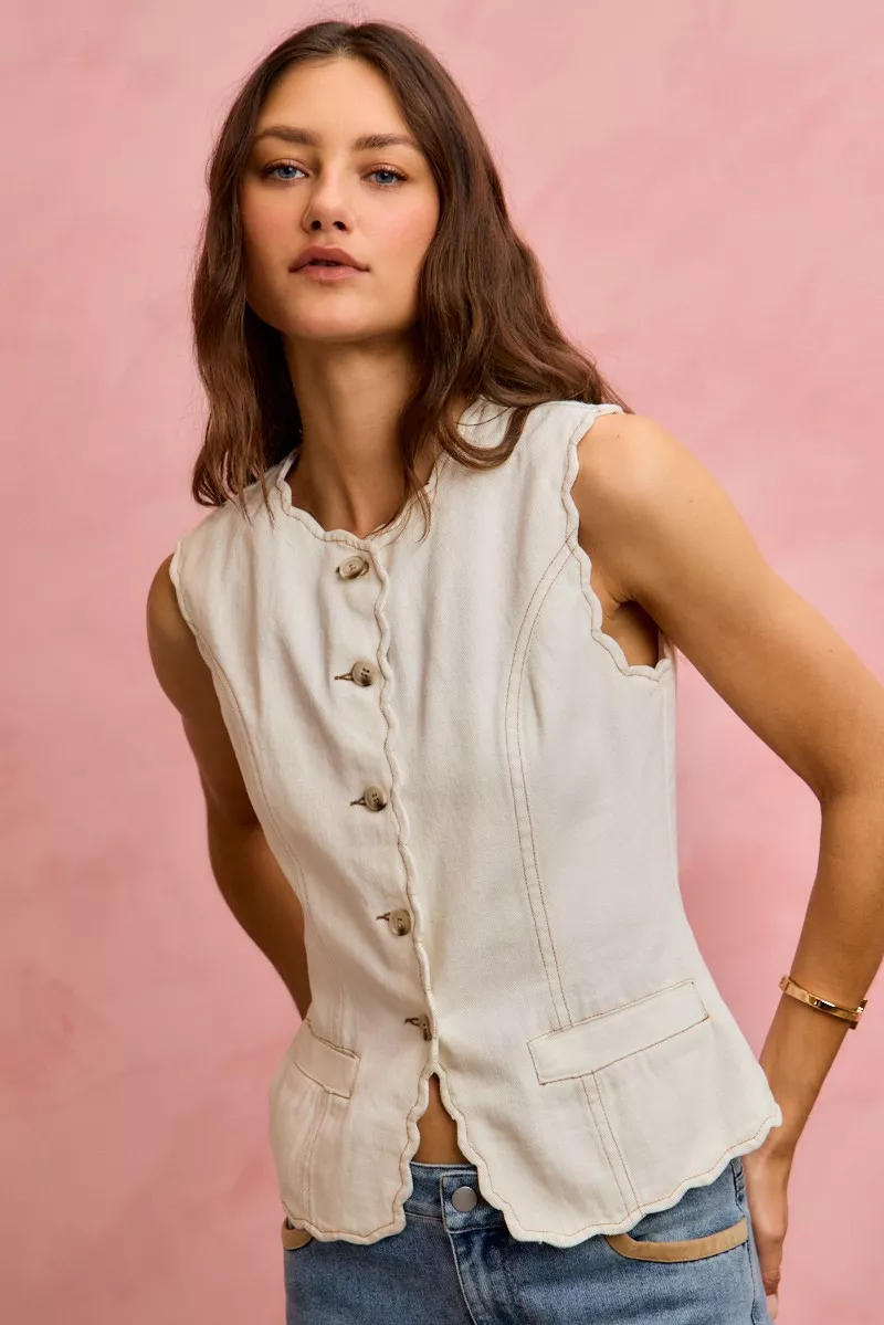 SO ME Scalloped Edge Cotton Twill Washed Vest Top - Image 15