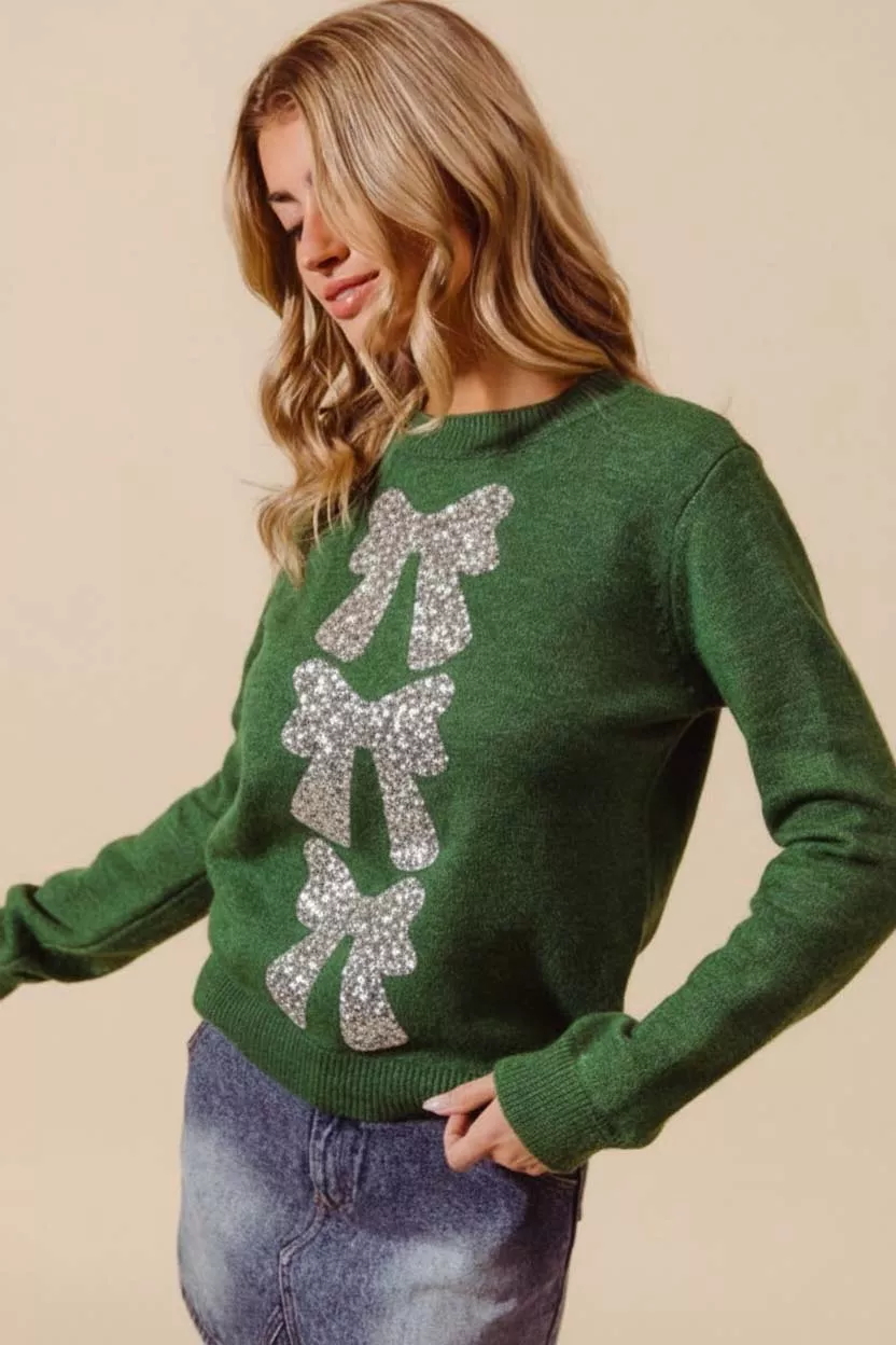 SO ME Sequins Bow Ribbon Embellished Christmas Sweater - Image 2