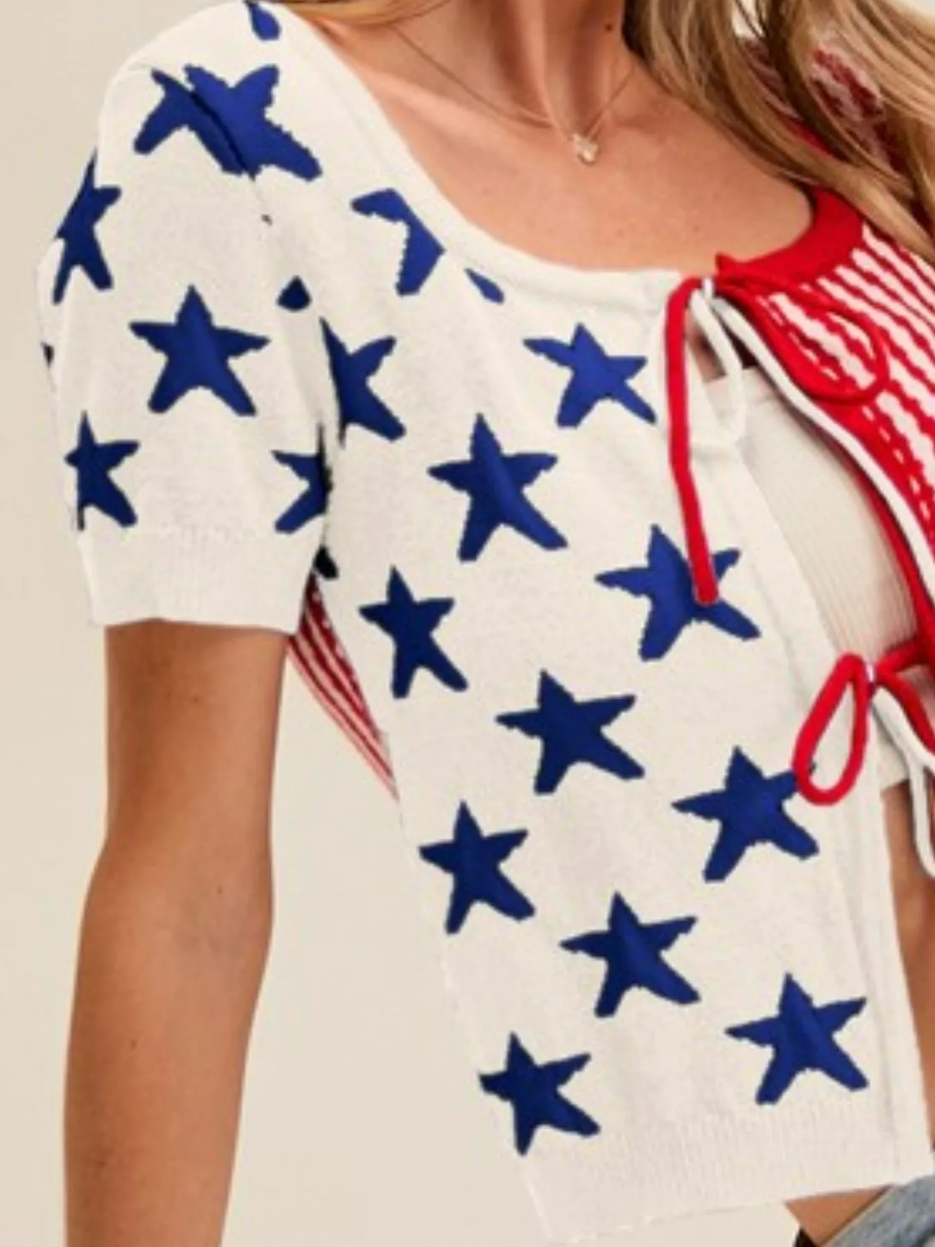 SO ME Stars and Stripe Front Bow Tie Sweater Cardigan - Image 3