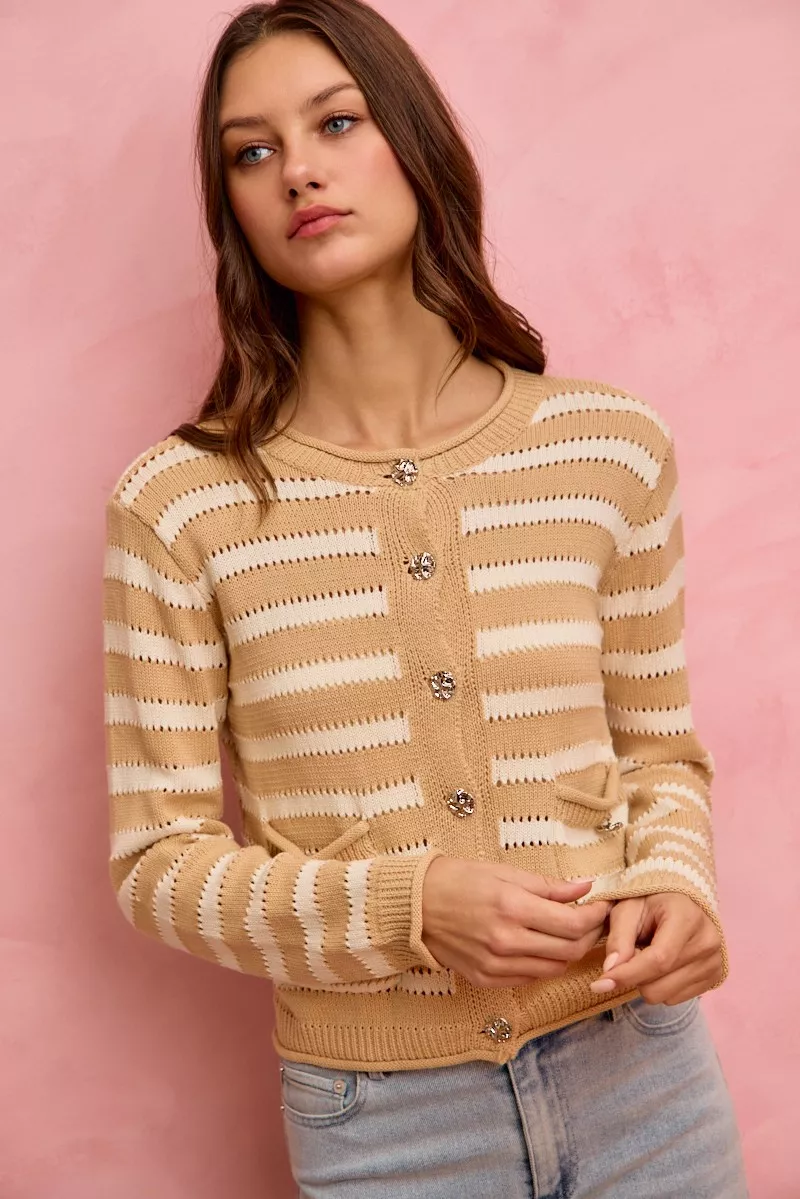 SO ME Stripe Long Sleeves Button Sweater Cardigan - Image 21