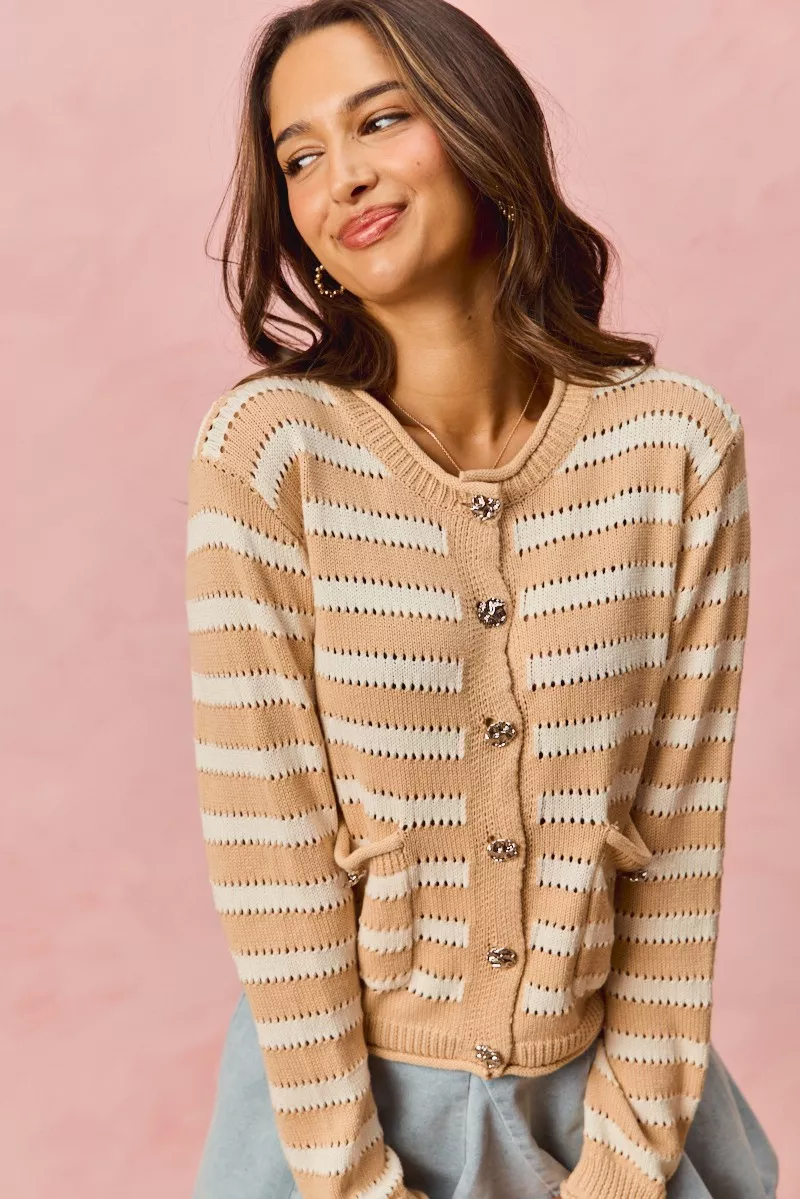 SO ME Stripe Long Sleeves Button Sweater Cardigan - Image 7