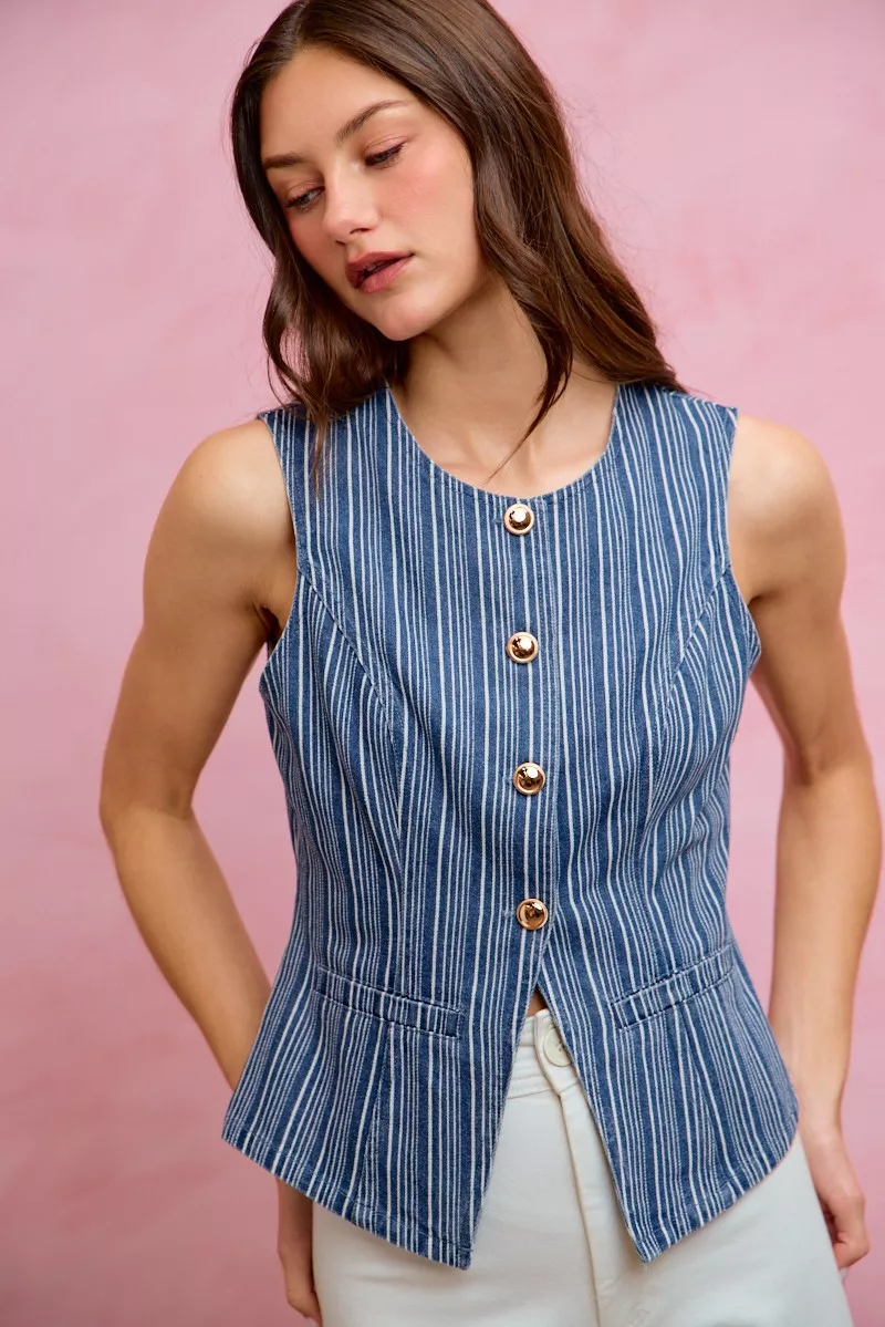 SO ME Stripe Slim Fit Button Front Denim Vest Top - Image 27