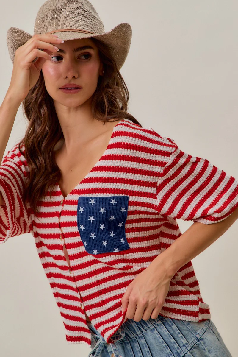 SO ME Stripe Waffle Knit Fourth Of July Cardigan Top - Image 10