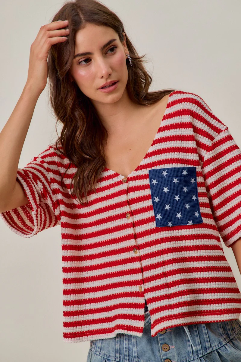 SO ME Stripe Waffle Knit Fourth Of July Cardigan Top - Image 11