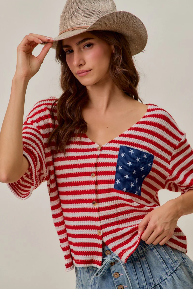 SO ME Stripe Waffle Knit Fourth Of July Cardigan Top - Image 12