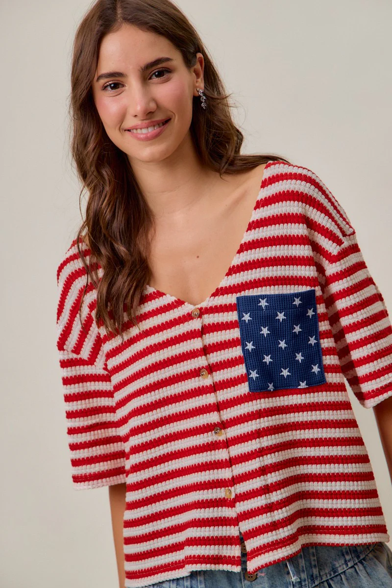 SO ME Stripe Waffle Knit Fourth Of July Cardigan Top - Image 13